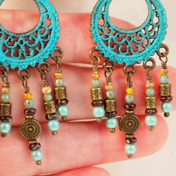 Handmade Southwestern Turquoise Chandelier Earrings Pierced or Clip-on earrings - Picture 6 of 7
